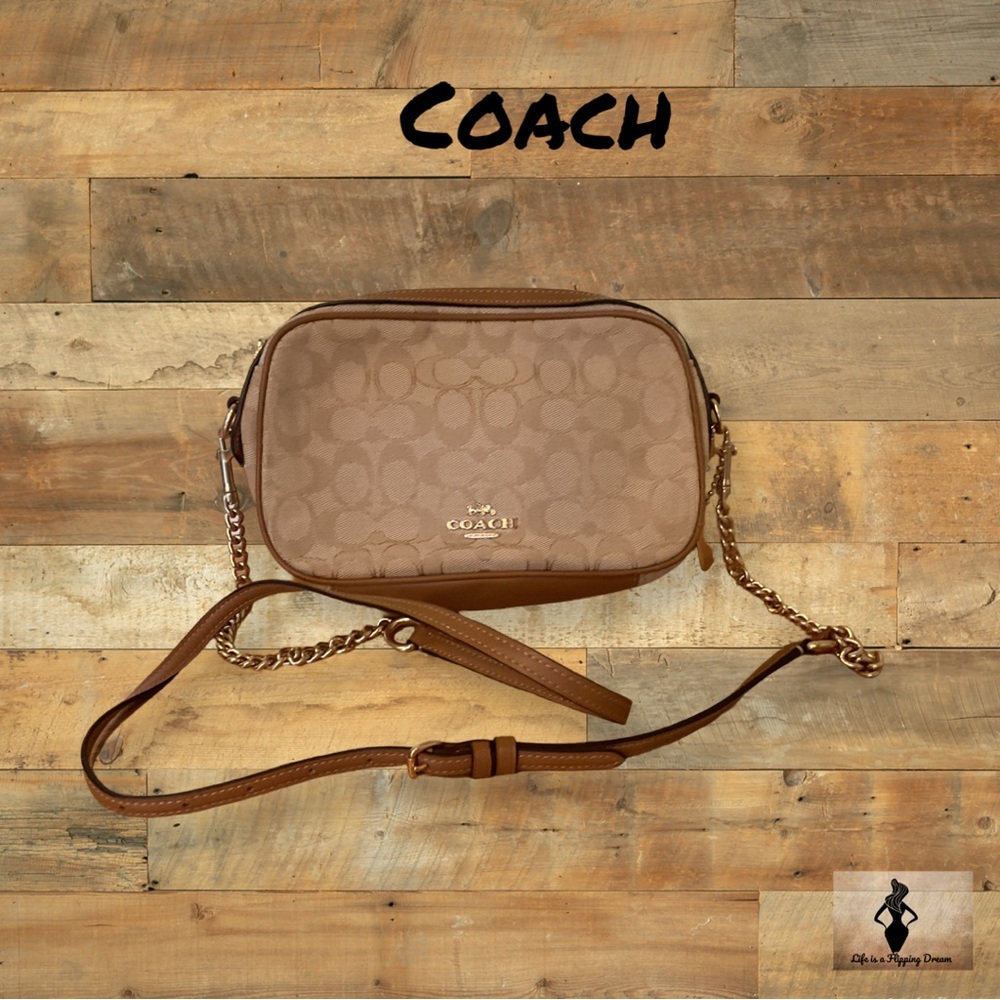 Coach Brown Camera Bag Crossbody with Monogram Pattern #1874